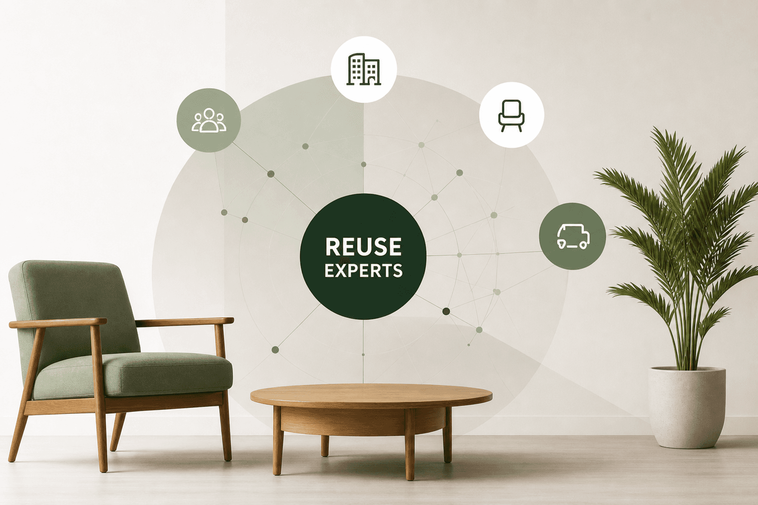 Reuse Experts — diagramme reliant un fauteuil de réemploi à différents acteurs : entreprises, particuliers, transporteurs