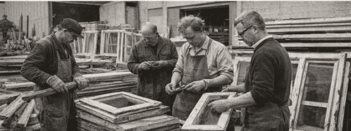 Des artisans trient et inspectent des fenêtres anciennes dans un atelier de réemploi